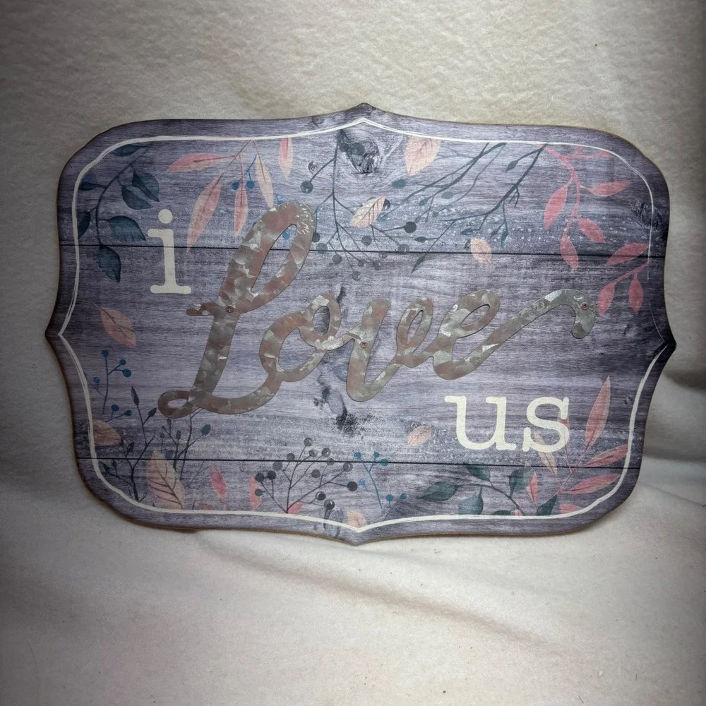 I Love Us Wall Decor‎ Sign Galvanized Metal Script Rustic Wood Look Art